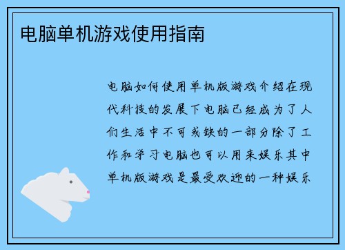电脑单机游戏使用指南